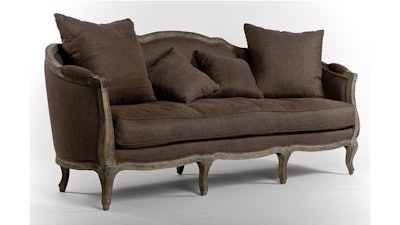 Limed gray French-style sofa with aubergine linen upholstery