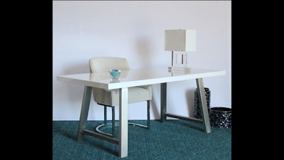 High gloss white dining table with brushed stainless steel legs