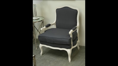Gray linen bergere chair in antique white finish