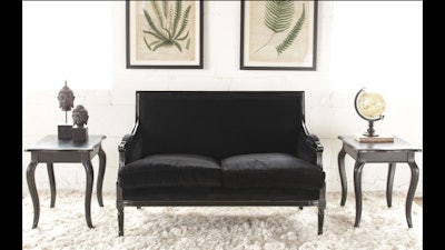 Louis square back loveseat with black velvet upholstery and French-style end tables