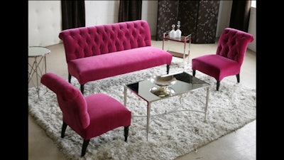 Orchid tufted scroll back lounge chairs and loveseat