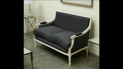 Gray linen Louis loveseat in antique white finish