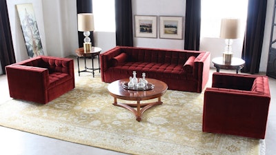 Tufted club chair and sofa in deep burgundy