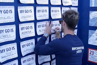To connect to the brand's 'NY Is Go' campaign, the airline invited runners to describe their motivation, or 'go,' on a running bib that they could take with them.