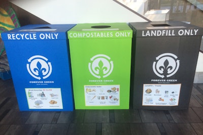 Simons suggests that planners look at the waste bins offered by the venue while they are doing a site visit. Effective bins have wording and images that describe what can be disposed in them, are distinguished by color, and are displayed together.