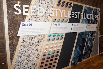 The event showcased a giant wall that explained the steps of how cotton becomes denim, which is then recycled into insulation. The diagonal sections each had a backdrop of the item relevant to the process it described.