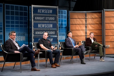 On the second floor, the night’s discussion panel had a standing-room-only crowd to hear Flying Dog Brewery C.E.O. James Caruso (second from left), attorney Alan Gura (second from right), and BrinkMedia senior strategist Patrick Cavanaugh (far right) speak about the brewer’s First Amendment legal battle surrounding the sale of its Raging Bitch India Pale Ale in Michigan.