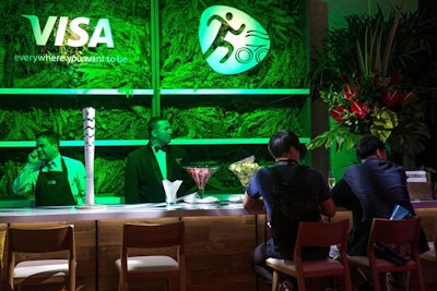 Visa’s Everywhere lounge was open for the duration of the Rio Olympic games in Copacabana this summer, overlooking the beach volleyball stadium. Lush green decor decked out the look.