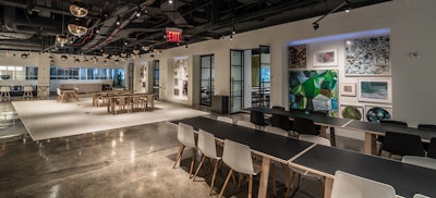The dining area offers a variety of seating and table options and flexible exhibit space.