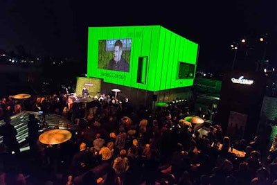 The 11th annual Oscar Wilde pre-Oscars party event took place in February 25 at J.J. Abrams’s Bad Robot production company in Los Angeles, where projected sponsor logos, video, and dramatic green lighting bathed the building's existing architecture.