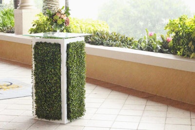 Chic Event Furniture Rental in Orlando has created a new cocktail table inspired by hedge walls. The table combines faux boxwood, a white wood frame, and a clear glass top. The base is 45 inches high, and the glass on top is a 24-inch square. The table rents for $75 for single-day events.