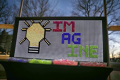 Snap Entertainment set up a giant Lite-Brite board with “Book of Lists” on the exterior-facing side and “Imagine” on the interior side. Throughout the night, guests could rearrange the interior design as they chose.