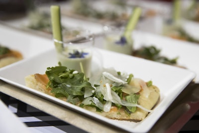 Ridgewells topped flatbreads with smoked Nova Scotia salmon, dill-boursin creme, capers, sweet pickled onions, arugula and microgreens. A shot of chilled cucumber-buttermilk soup accompanied it.