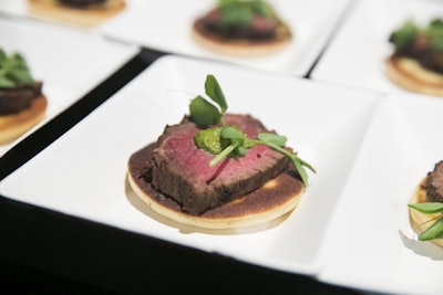 The food station at the top of the stairs served tenderloin tartines with thinly sliced soy and herb-marinated beef tenderloin on mini garlic flatbreads topped with spicy chermoula.