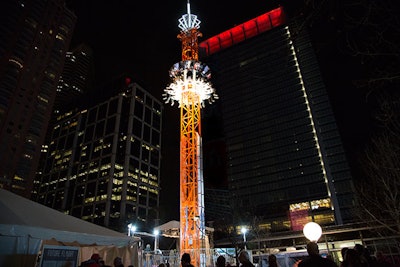 Future Flight is a 90-foot tower, but riders only travel up 64 feet. Houston Host Committee vice president of marketing Lisa Gagnon says a few potential buyers have expressed an interest in owning the ride after the Super Bowl.