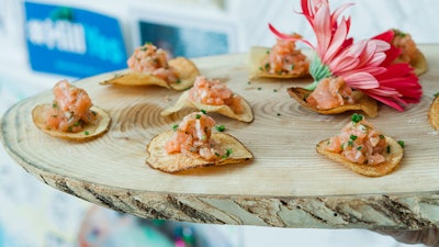 OTM Hors D'Oeuvres: Smoked Salmon Tartare on House Made Potato Chip.