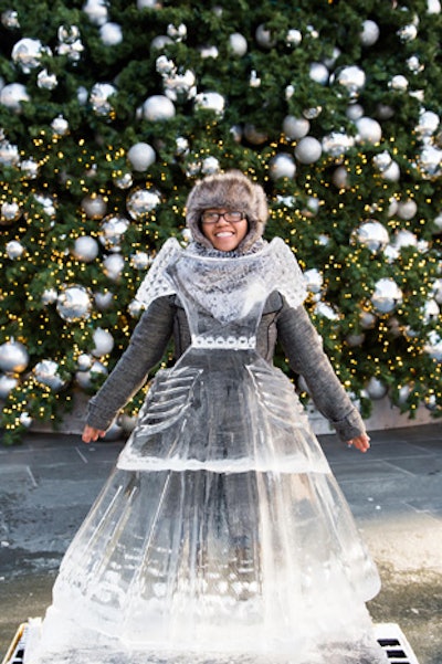A popular photo op in front of a Christmas tree featured an ice dress modeled after Dior.
