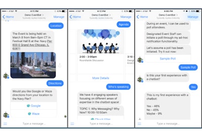 Planners can use Concierge EventBot to provide information such as locations, agendas, and speaker bios, and also to conduct simple polls of attendees, all via mobile messaging.