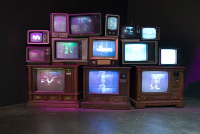 The room also featured an installation created with old televisions that broadcast images from the show.