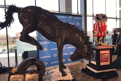 Blake McFarland, an artist and pitcher for the Toronto Blue Jays, used 460 Goodyear tires to create sculptures of the participating teams’ mascots. The sculptures are now on display at the University of Wisconsin and Western Michigan University.