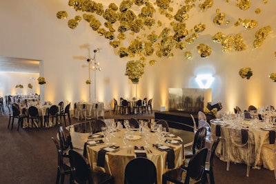 For the Blaffer Art Museum’s annual gala in Houston in 2016, a ceiling installation used NASA space blankets to mimic the look of a meteor shower using only a simple, repeating material.