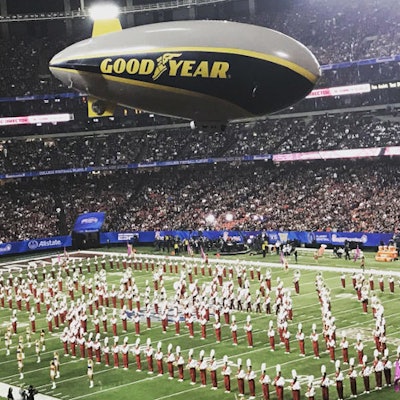 Goodyear flew a six-foot replica of its blimp via remote control inside the stadium during the game.