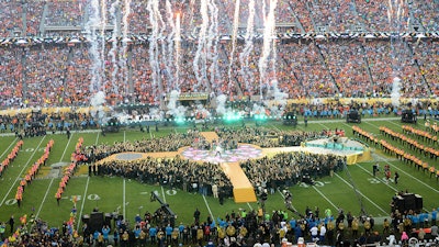 Super Bowl 50 halftime show stage featuring Coldplay