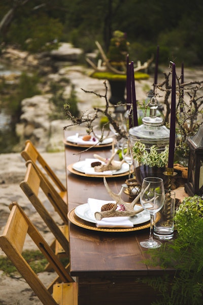A stunning and whimsical outdoor tables-cape on our Harvest Table, with our Old Pal Chairs.