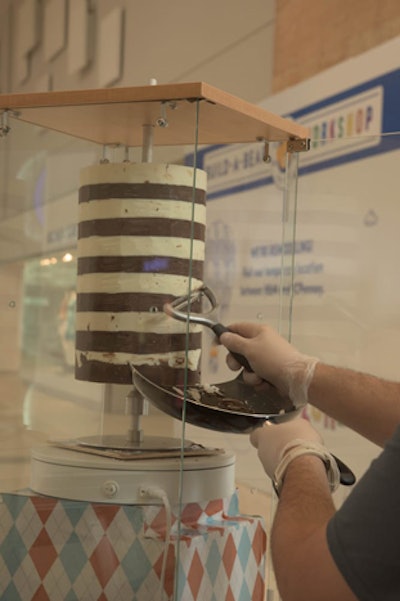 Levy Restaurants offers a made-to-order crepe station that features a rotating chocolate gyro, which is shaved and incorporated into the crepes. The station with attendant costs $8 per person.