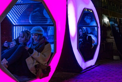 For a selfie op, the installation by LightForm of the Netherlands offers two egg-shape sculptures lined with mirrors and trippy lights.