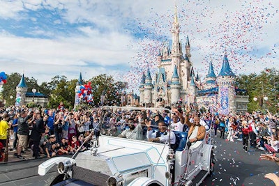 Confetti rained down as five N.F.L. players rode through Magic Kingdom for a special Pro Bowl parade on Friday.