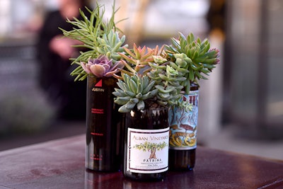 At the U.S.-Ireland Alliance’s Oscar Wilde Awards during Oscar season in Los Angeles this year, Portobello Junction created centerpieces that included succulents in upcycled wine bottles.