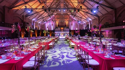 Long tables & specialty lighting created a dramatic gala at the Park Plaza Castle in Boston.