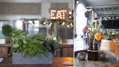 Herbs & wild flowers in beer bottles and rustic containers set the scene for this theme.