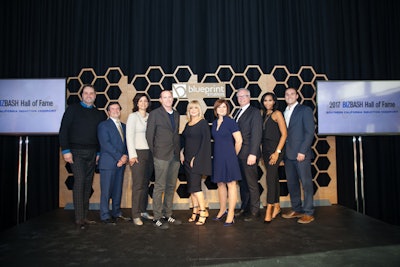 The new BizBash Hall of Fame inductees were (from left to right): Edward Perotti of VMware; Steve Goodling of the Long Beach Area Convention & Visitors Bureau; Hillary Manning of Los Angeles Times Events; Scott Dallavo of Los Angeles Times Events; Sharon Sacks of Sacks Productions; and Cheryl Cecchetto of Sequoia Productions, along with BizBash C.E.O. David Adler and rising star honorees Caroline Lett of the University of Southern California and Justin Tribe of In-N-Out Burger.