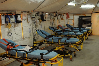 A field hospital at an event can include portable stretchers, cardiac monitors, IV infusion pumps, a limited pharmacy, a blood serum lab, ultrasounds, and more.