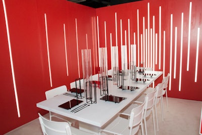 New York School of Interior Design’s red-and-white installation with vertical lighting rods was inspired by a pulsating heartbeat.