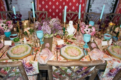 A Victorian-style greenhouse design from ATGStores.com featured an English luncheon setup with an eclectic mix of springtime prints, accessories, and quirky details.