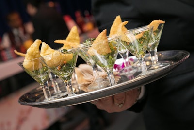 In addition to the 17 restaurant stations throughout the event space, catering included passed hors d'oeuvres like a seaweed salad topped with a wonton. There also were Asian food stations with spring rolls, four styles of dumplings, lo mein, and fried rice.