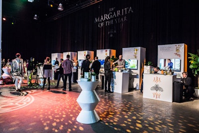 The event featured seven bars offering the different culture-inspired cocktails in the running for Margarita of the Year. The front of the bars featured Patrón's bee logo, and each station featured a wall with the name of the margarita, images of the ingredients, and a video about the margarita.