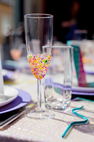 On-theme glassware included candy-coated champagne flutes.