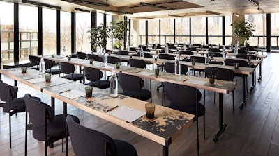 Blue Wood Aster Junior Ballroom Set For a Meeting.