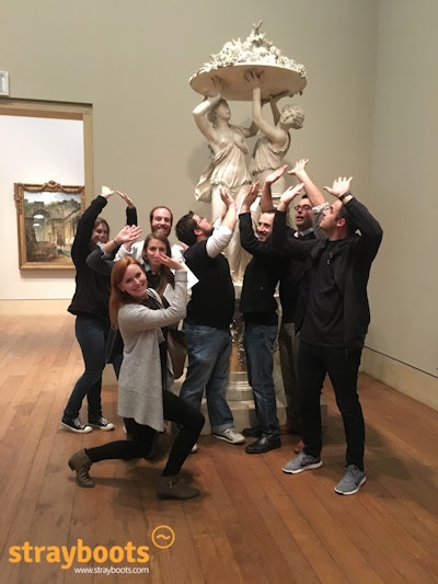 Taking a group photo at the Philadelphia Museum of Art scavenger hunt.