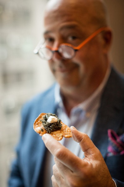 Chef Andrew Zimmern showed off caviar on potato chips from his Andrew Zimmern's Canteen concept. The dish was served in the V.I.P. green room area for the Best New Chefs honorees.