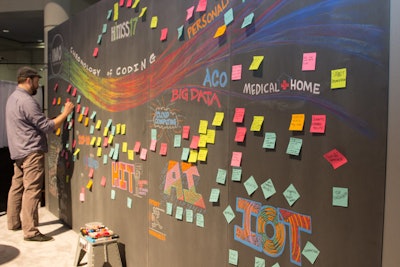 Events from conferences to trade shows to social events are borrowing ideas from each other to capture the attention of groups in an attention deficit-challenged world. At this year’s Healthcare Information and Management Systems Society’s conference in Orlando, an artist and attendees contributed to a colorful chalkboard display on the history of clinical coding at Intelligent Medical Objects' booth.
