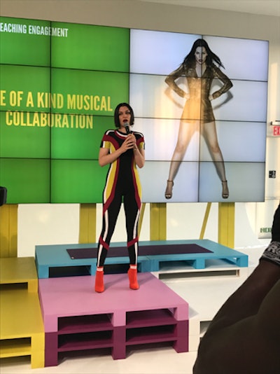 Singer Jessie J spoke to the fitness instructors, wellness bloggers, and media in the audience to promote her partnership with the brand.