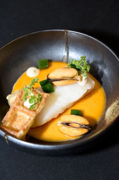 Belgium served a dish of cod sous vide and mussel veloute with a Belgian wafel crouton inspired by the textures of the Belgian North Sea.