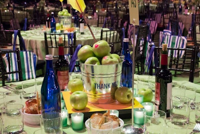 The centerpieces played off the story of Robin Hood shooting an arrow through an apple. Afterward, the organization planned to donate the apples to New York Common Pantry, estimating they would meet the food pantry's need for three weeks.