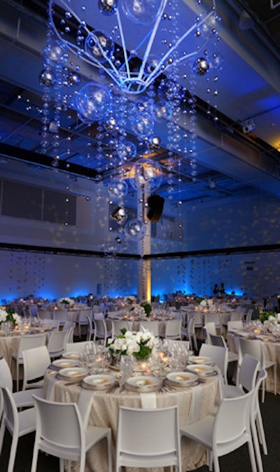 Fiction Events created decor pieces that evoked water using bubble-like orbs. One of the museum's centerpieces is its aquarium.