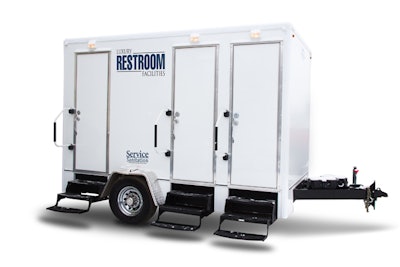 Two- to four-stall restroom trailer, price upon request, available nationwide from Service Sanitation